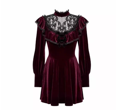 Personality Gothic Dark Red Velvet Dress