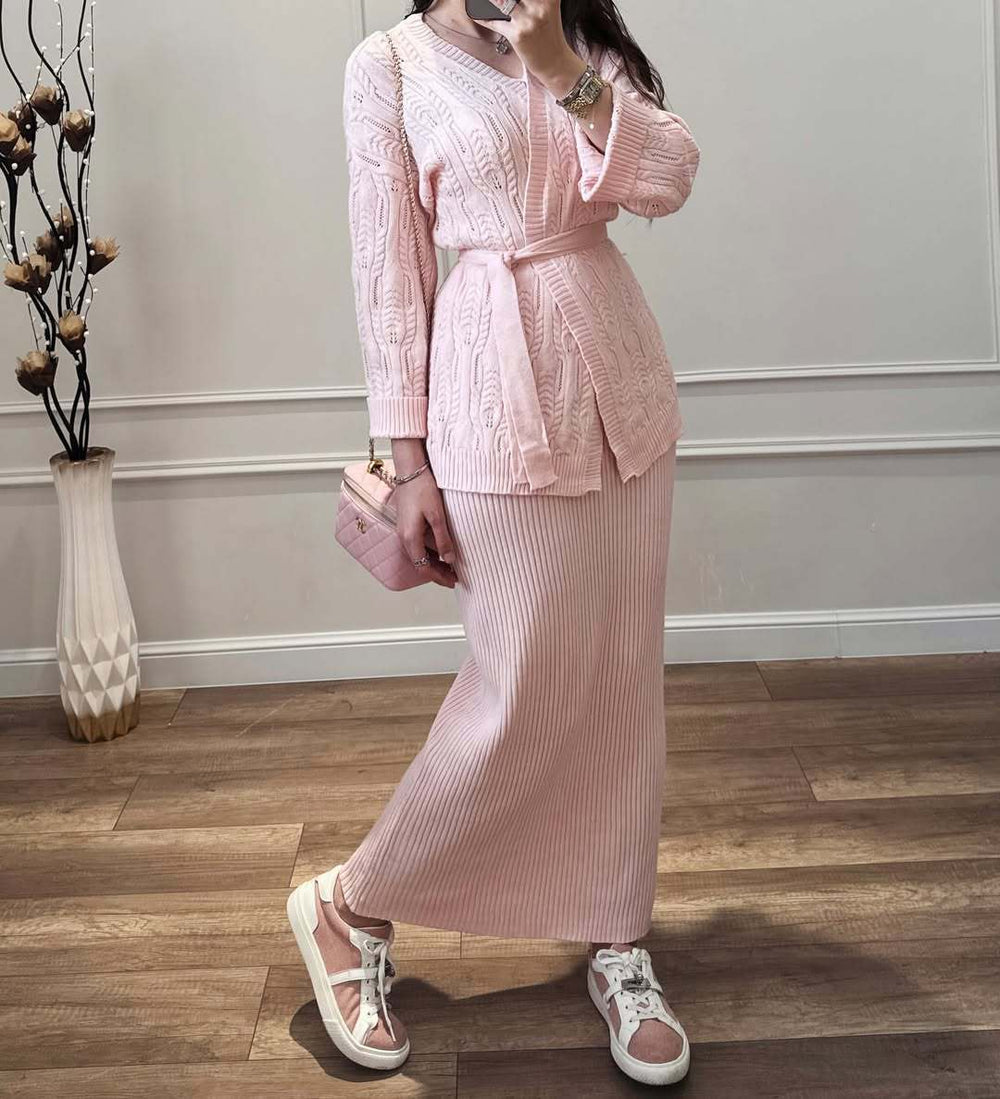 V-neck Cardigan With Tie Details, A Loose-fitting, Versatile Knit Sweater Dress Set