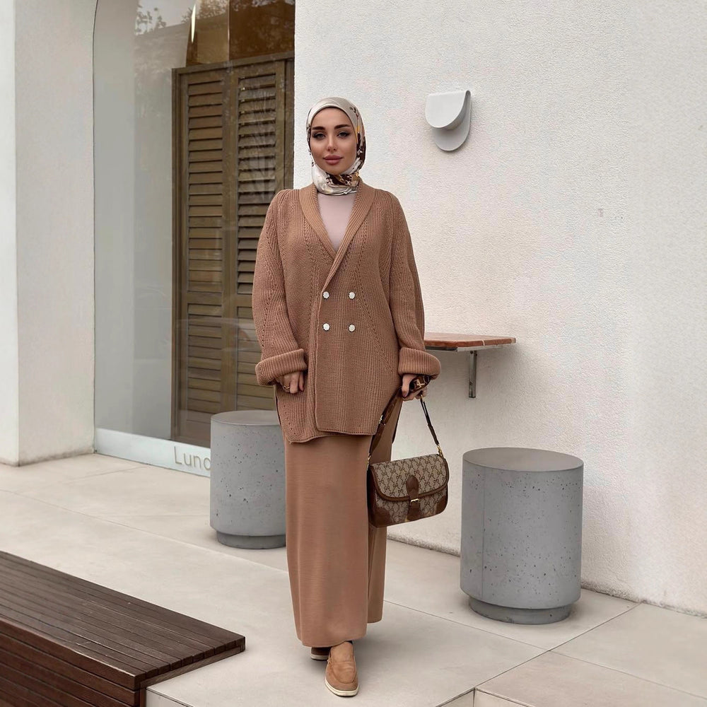 New Double-breasted Button Sweater Jacket And Sheath Skirt Set