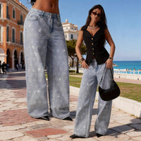 Womens Blue Straight Jeans With A Sweet Rhinestone Design
