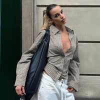 Retro Fitted-waist Tie-up Long-sleeve Plaid Shirt