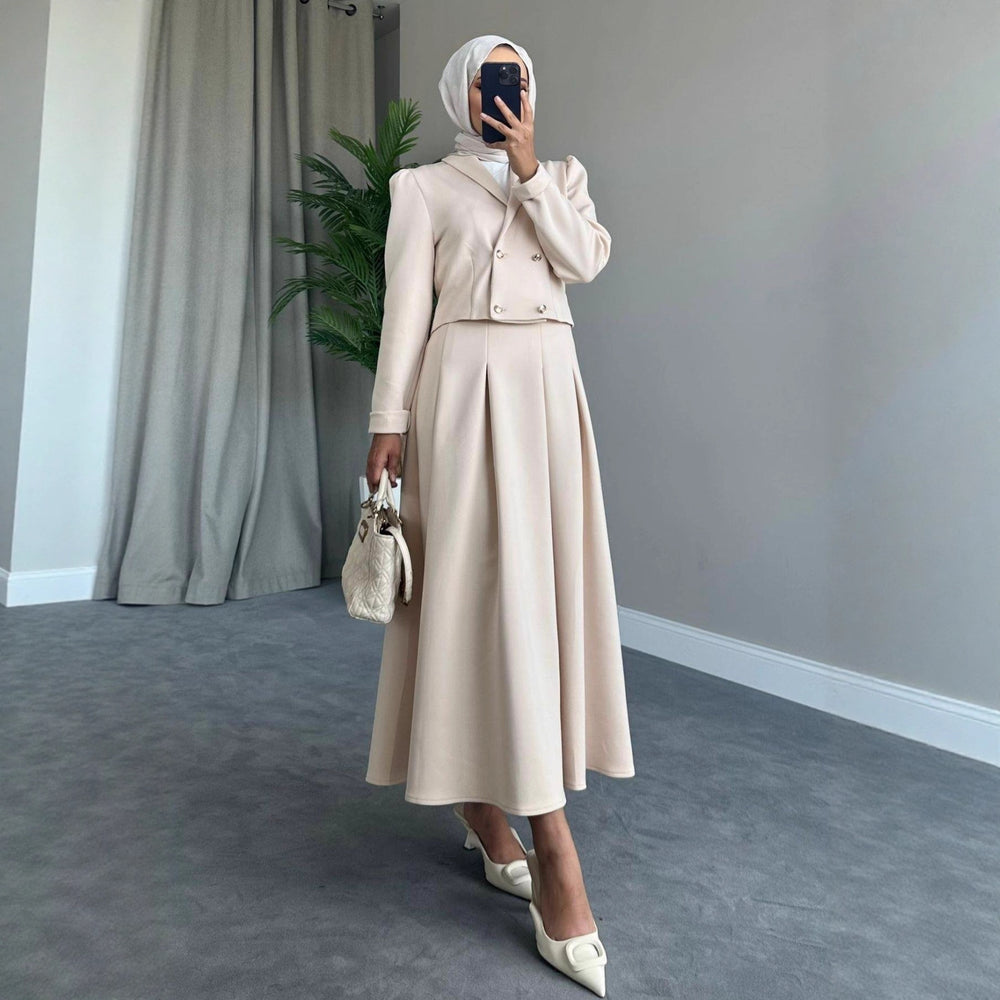 Buttoned Wool Coat And Preppy A-Line Maxi Dress Set