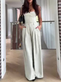 Light Tone Bustier & High-Waisted Wide-Leg Pants Set