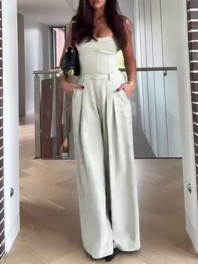 Light Tone Bustier & High-Waisted Wide-Leg Pants Set