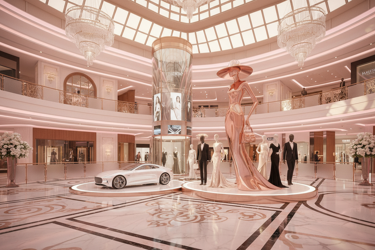 “A luxurious, feminine-themed mall interior with rich colors — black and white marble floors, soft pink highlights, and elegant feminine tones throughout. Include a glossy glass atrium ceiling with warm, lovely lighting cascading down. Add a stylish modern elevator wrapped in fashion displays and mannequins wearing chic clothing. Place a sleek luxury car showcased on a polished platform. In the center, feature a unique statue of a woman wearing a fedora, sculpted in a modern-art style with smooth curves and