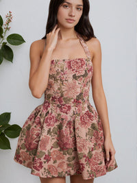 Womens Strapless Cinched Waist Floral Mini Backless Dress
