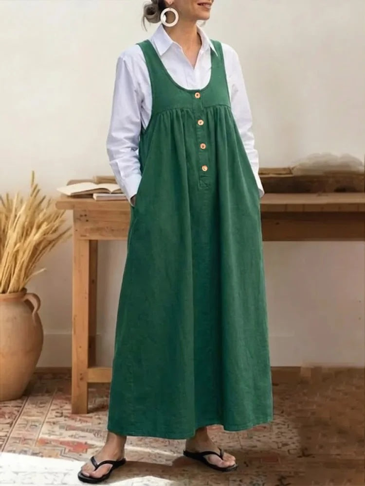 Buttoned Suspender Sleeveless Loose Casual Dress