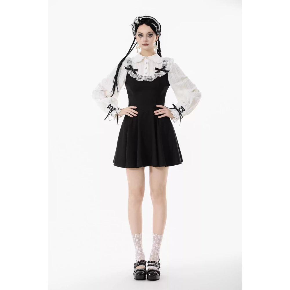 Gothic Dark Cute Lace Black And White Long-sleeved Dress