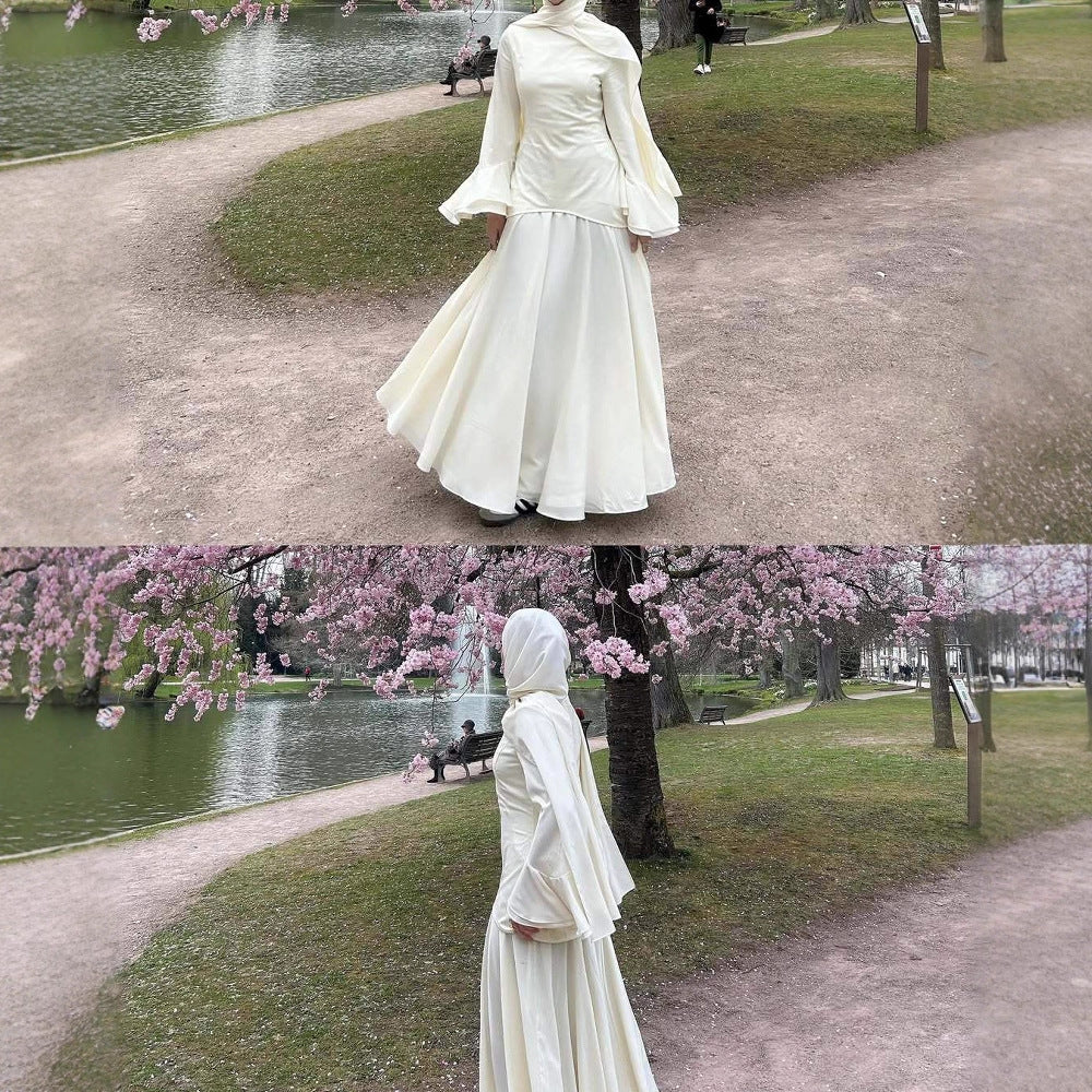 Solid-color Long-sleeve Elegant Headscarf Dress Set