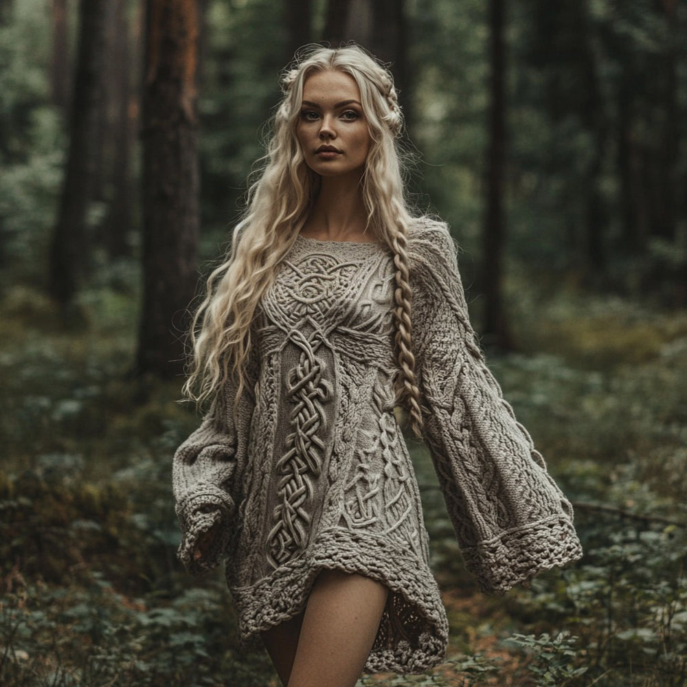 High-neck Dress Sweater With A Retro Cable-knit Design And Long Sleeves