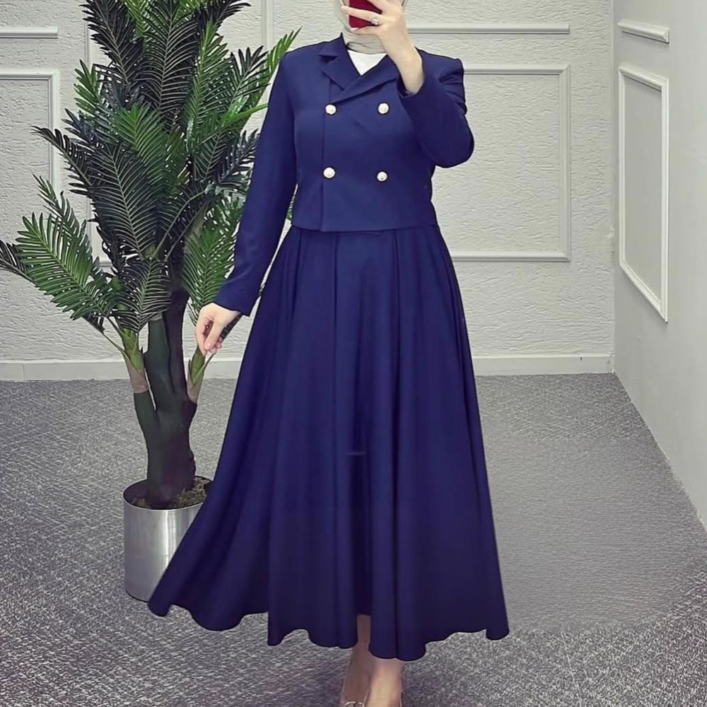 Buttoned Wool Coat And Preppy A-Line Maxi Dress Set