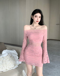 Womens Off-shoulder Cutout Form-fitting Long-sleeve Dress