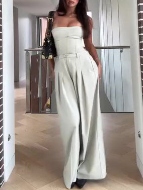 Light Tone Bustier & High-Waisted Wide-Leg Pants Set