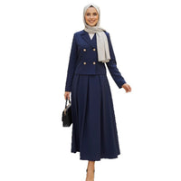 Buttoned Wool Coat And Preppy A-Line Maxi Dress Set
