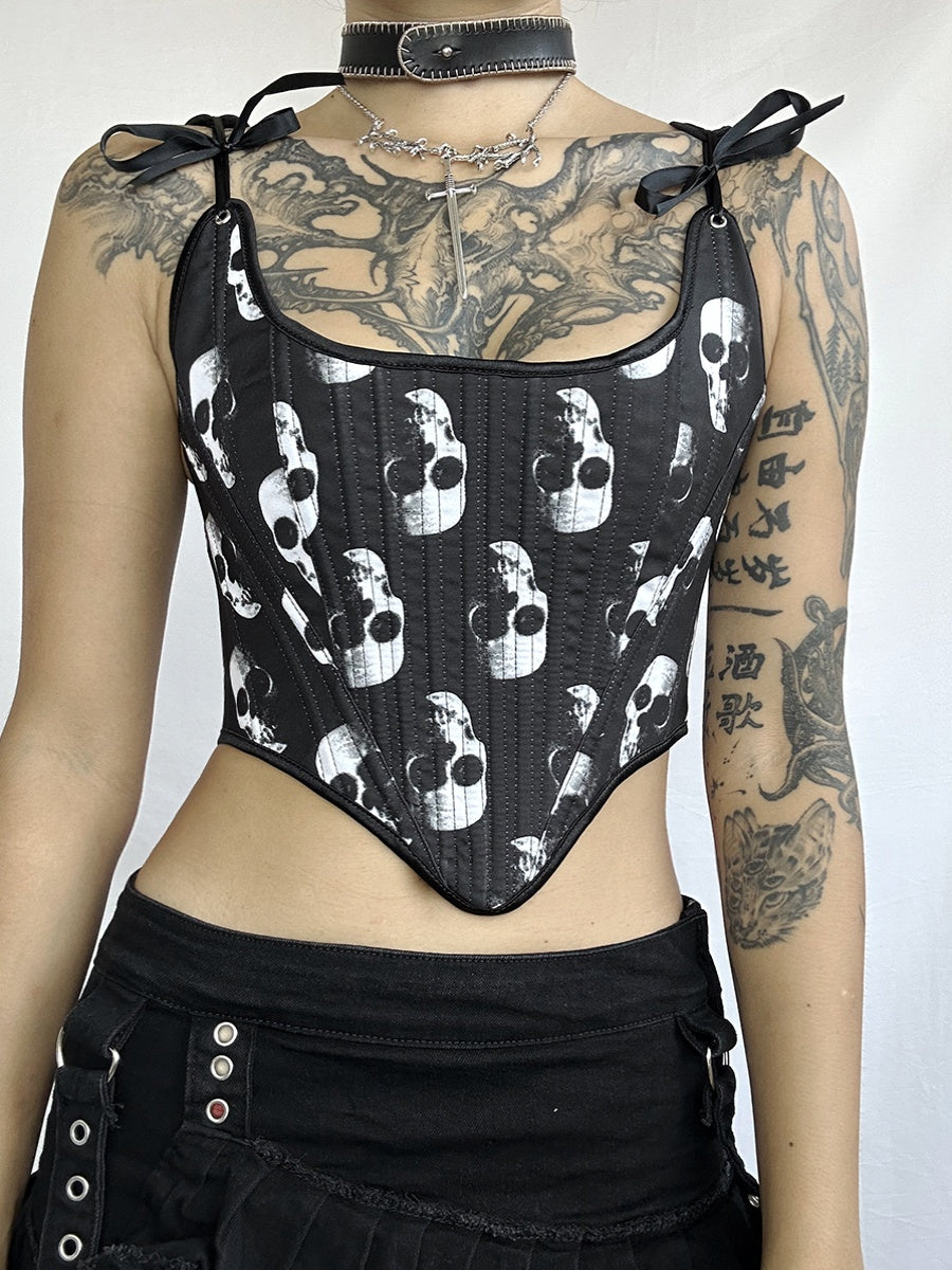 Dark Gothic Punk Spicy Girl Retro Skull Head Print Corset Tie Up Chest Vest