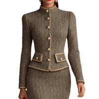 Elegant Herringbone Tweed Trim Skirt Suit For Women