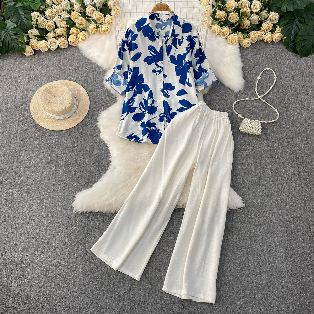 Raglan-sleeve Sun-protective Shirt High-waiste Slimming Wide-leg Pants