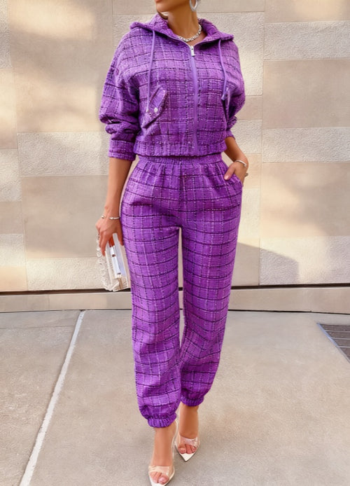 2026 Women's Chanel-style Plaid Hooded Set - High Street Tweed Zip-up Sweatshirt