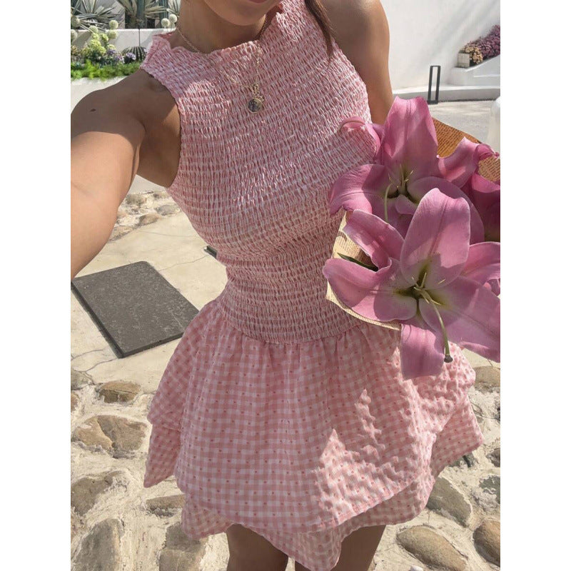 Womens Sleeveless Fitted Belted Dress With A French-Style Plaid Pattern