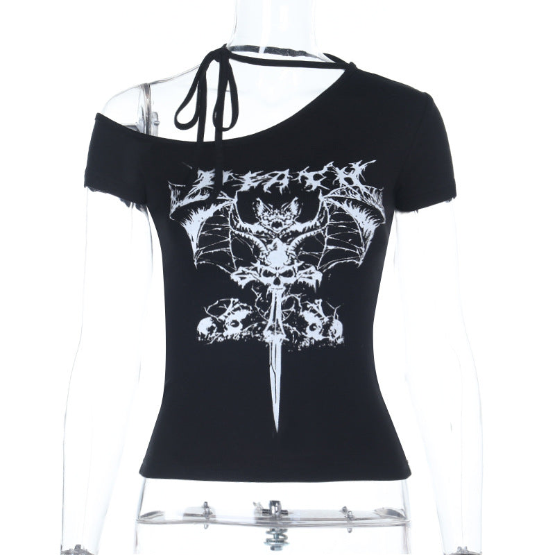 Dark Gothic-style Off-shoulder Basic Print Top