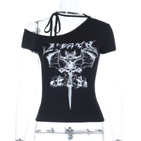 Dark Gothic-style Off-shoulder Basic Print Top