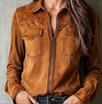 Vintage Workwear Style Lapel Long-sleeve Slimming Top