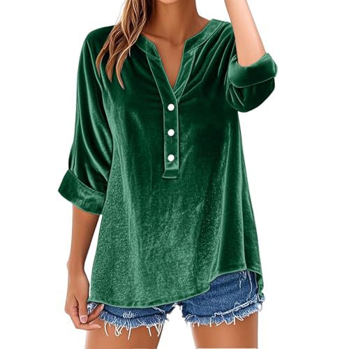 Womens Long-sleeve Solid-color V-neck Loose-fit Blouse