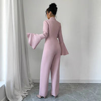 Elegant Solid-color Long-sleeve Flared-sleeve Wide-leg Jumpsuit