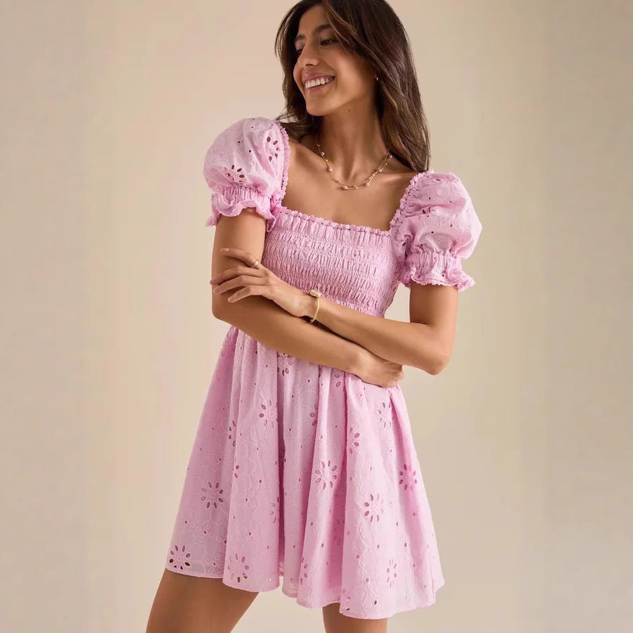 Vacation-style Sweet Embroidered Square-neck Dress