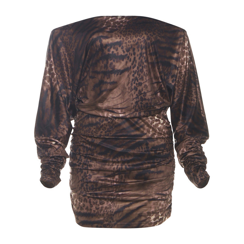 New Autumn Womens Leopard-Print Off-the-Shoulder Long-Sleeve Bodycon Dress