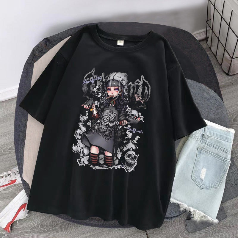 Vintage Gothic Girly Print Loose Cropped T-Shirt