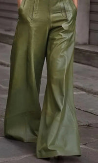 High-waisted Loose-fitting PU Leather Flared Pants With Pockets