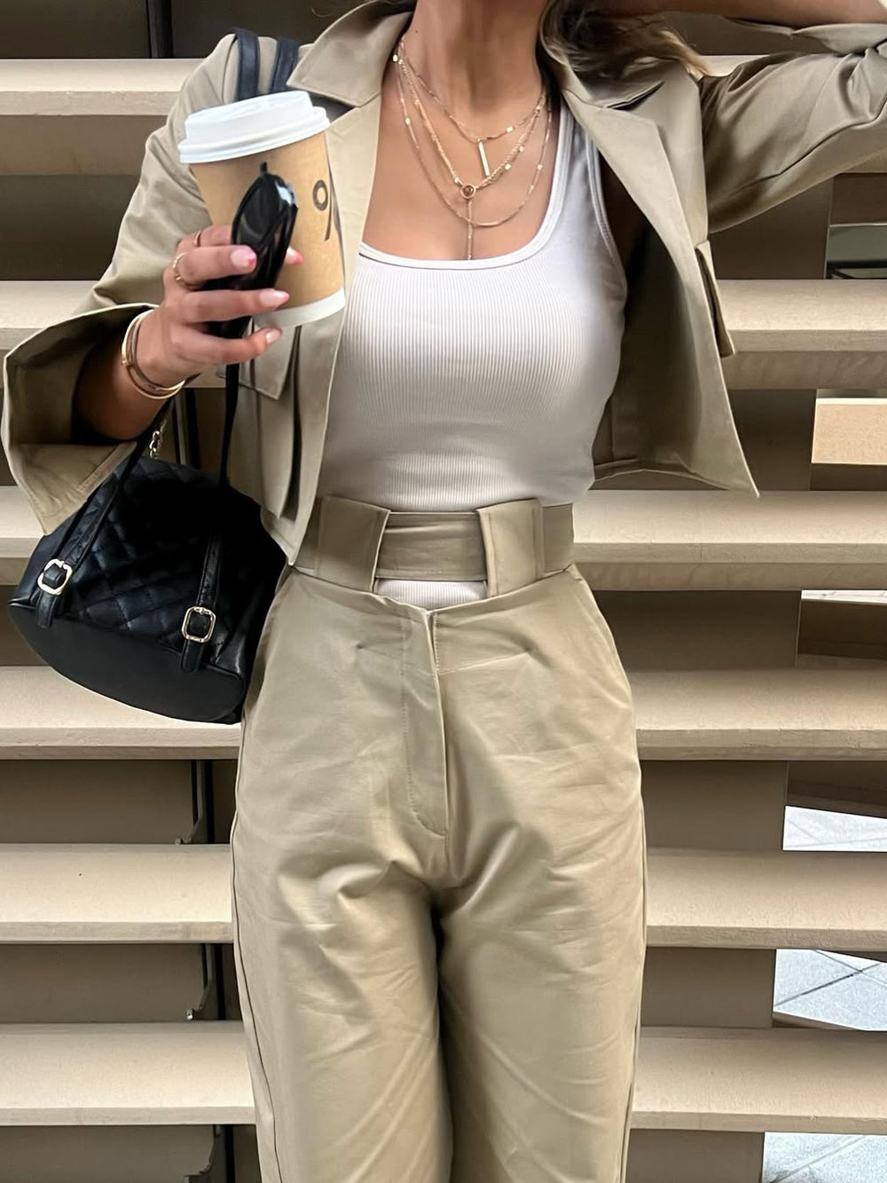 Khaki Cropped Utility Blazer & Wide-Leg Pants Set