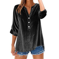 Womens Long-sleeve Solid-color V-neck Loose-fit Blouse
