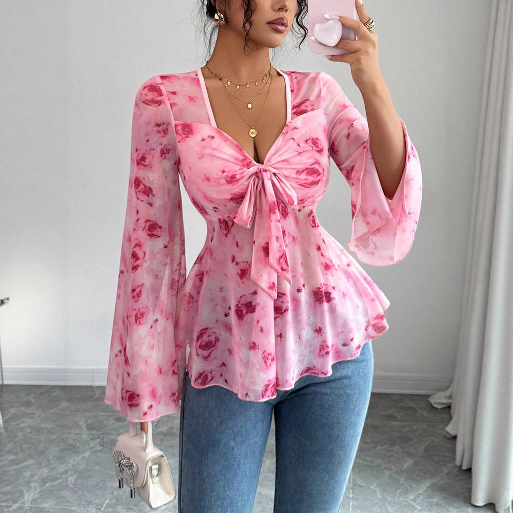 Womens Mesh Red Rose Print V-Neck Top