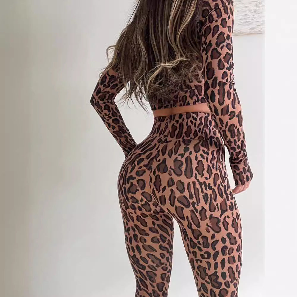 Crew Neck Waist Cinching Midriff Baring Long Sleeve Top Paired With High Waisted Butt Lifting Pantsa Two Piece Set