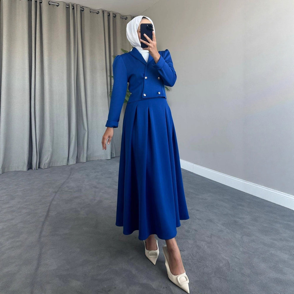 Buttoned Wool Coat And Preppy A-Line Maxi Dress Set