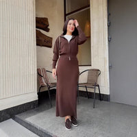 Elegant Long-sleeve Zip-front Waist-cinching Knit Sheath Dress For Women