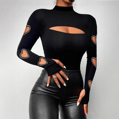 New Slim Fit Hollowed Heart Shape Long Sleeve Top Women's Clothing