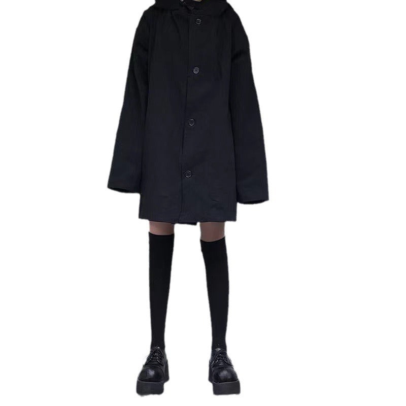Dark Hooded Loose Coat Women's Clothing