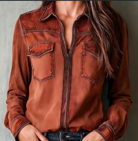 Vintage Workwear Style Lapel Long-sleeve Slimming Top