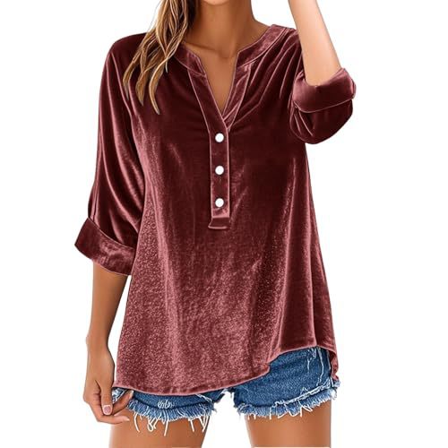 Womens Long-sleeve Solid-color V-neck Loose-fit Blouse