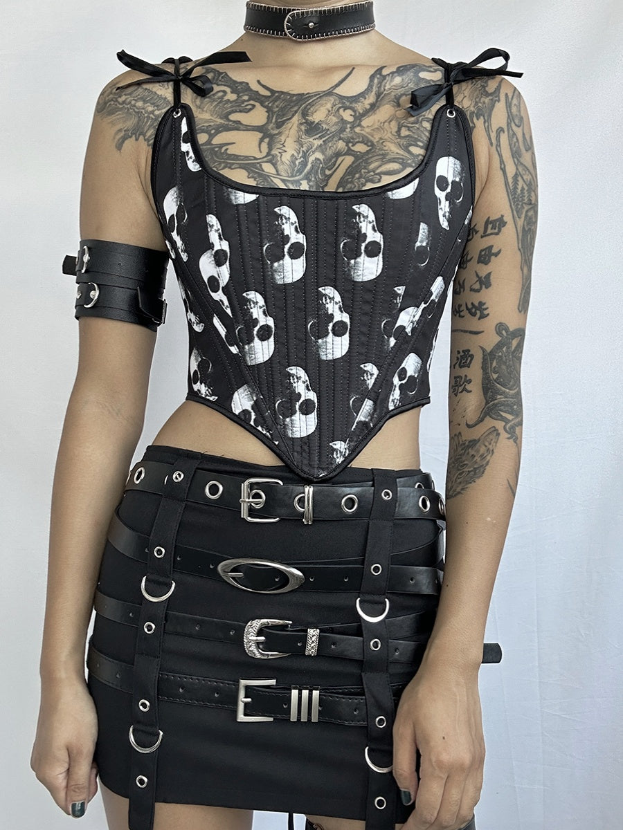 Dark Gothic Punk Spicy Girl Retro Skull Head Print Corset Tie Up Chest Vest