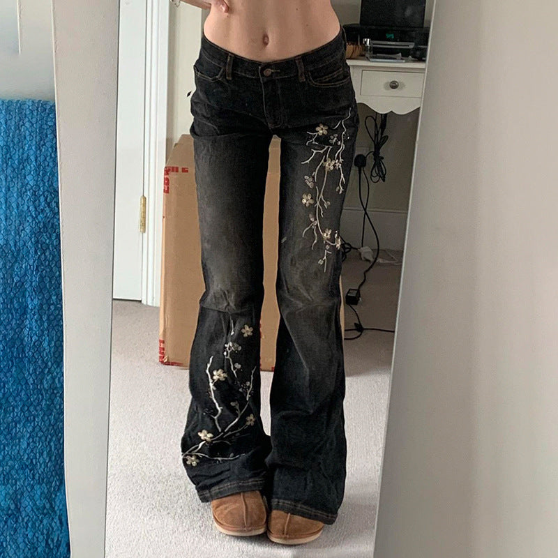 Ladies' Retro Slim Fit And Slimming Plant Embroidery Low Waisted Jeans