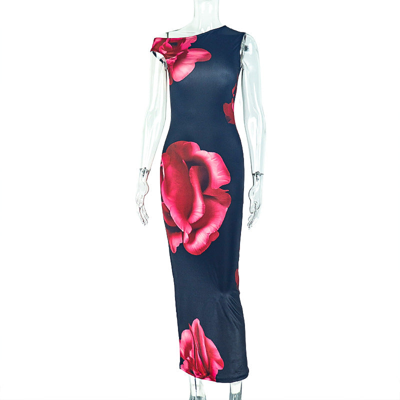 Elegant Printed Bodycon Pleated One-Shoulder Dress