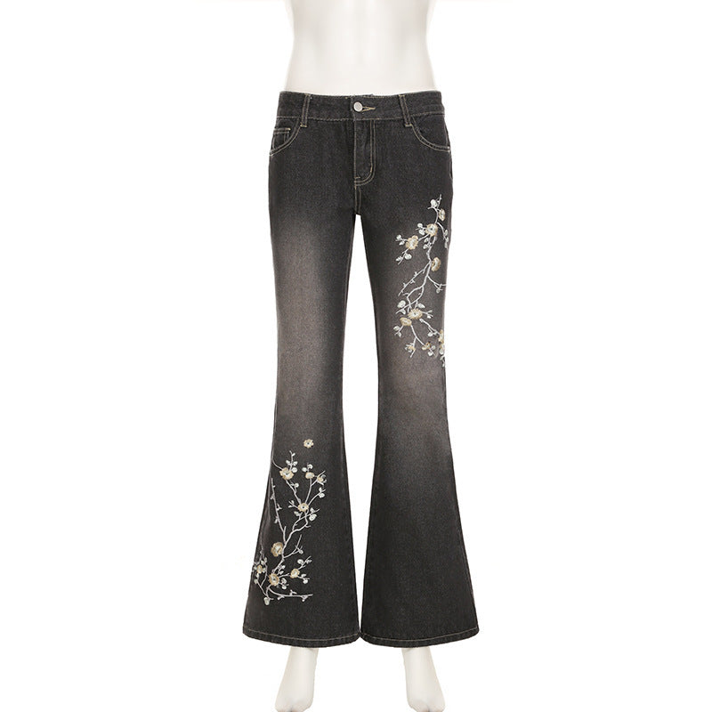 Ladies' Retro Slim Fit And Slimming Plant Embroidery Low Waisted Jeans