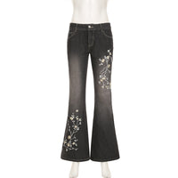 Ladies' Retro Slim Fit And Slimming Plant Embroidery Low Waisted Jeans