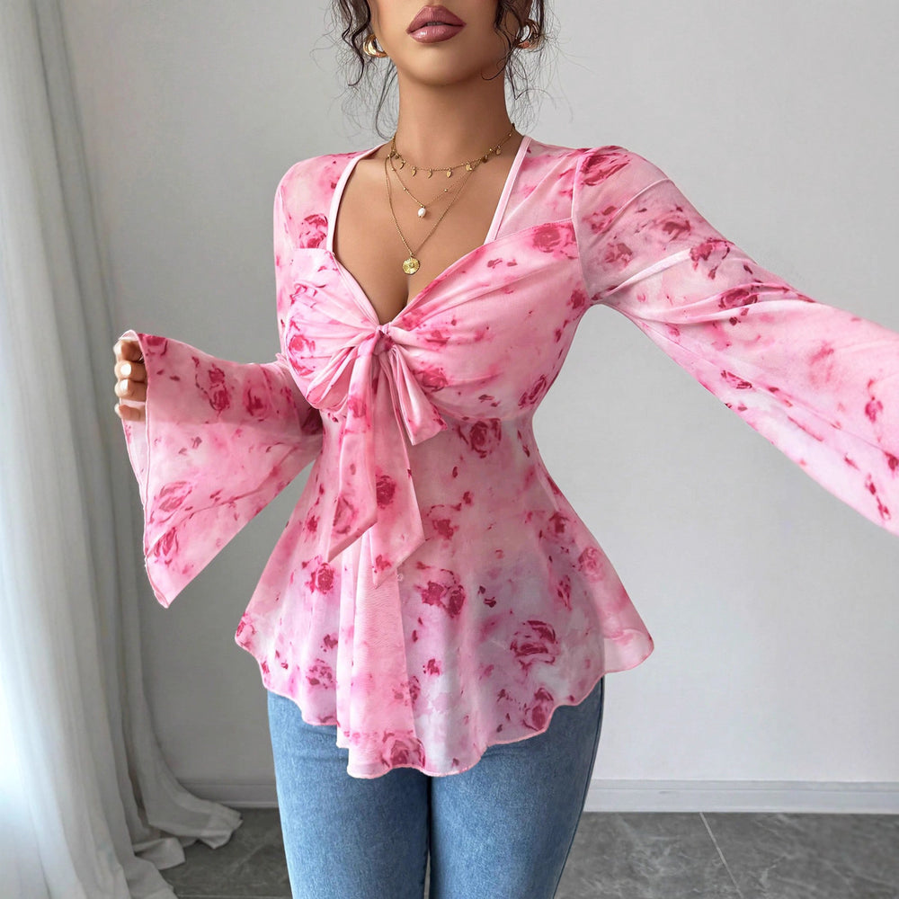 Womens Mesh Red Rose Print V-Neck Top