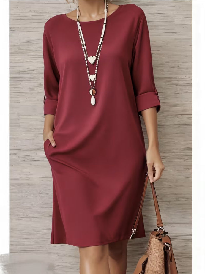 Versatile Solid-color Mid-sleeve Dress With Side Pockets