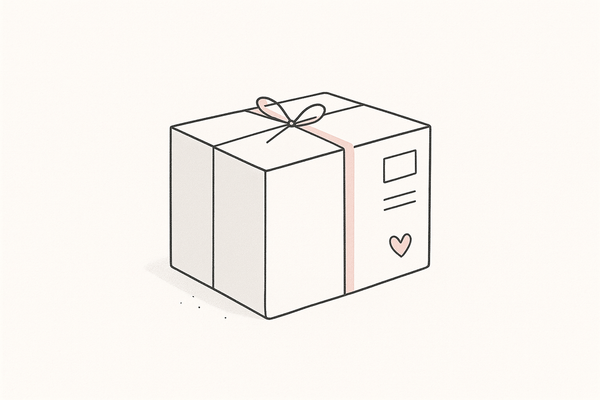 Create a minimalist illustration of a delivery package/box. Use a clean white background with soft accent colors in the Lethe Renata palette: blush pink, gray, and black. The package should feel elegant and modern, with subtle fine-line details and light shading for depth. Add small decorative touches, such as a heart symbol or ribbon accent in blush pink, to give it a fashion-forward and feminine look.
